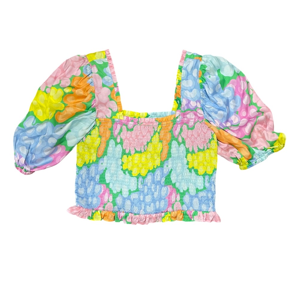 Emily McCarthy Havanah Crop Top Flora Cheetah Puff Sleeve Smocked Rainbow Large